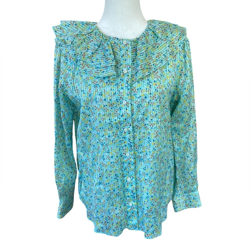 J. Crew Ruffle Blouse Aqua Metallic Floral Field Day Print Size Small